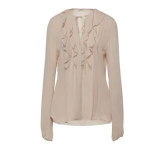 L'AGENCE 100% Silk Beige Ruffle Front Blouse Size 4 Shimmer Long Sleeve Pleats